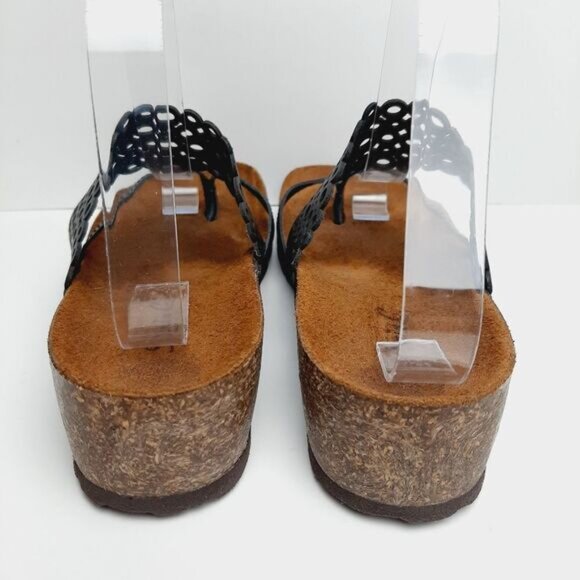 SONIA C. Italy Cork Low Wedge Heel Sandal Thong Sandal Black Geo Circle Sz 8 - Picture 7 of 12